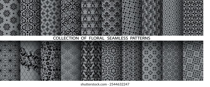 Conjunto floral geométrico de patrones sin costuras. Fondos de Vector gris y negro. Adornos gráficos de Damasco