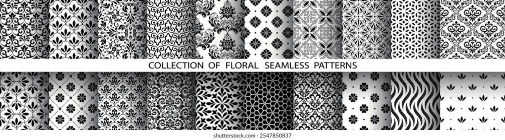 Conjunto floral geométrico de padrões sem emenda. Planos de fundo vetoriais brancos e pretos. Enfeites gráficos Damask.