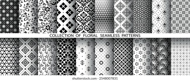 Geometric floral set of seamless patterns. White and black vector backgrounds. Damask graphic ornaments.