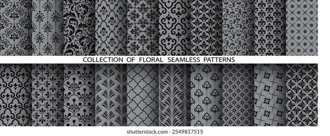 Geometric floral set of seamless patterns. Gray and black vector backgrounds. Damask graphic ornaments