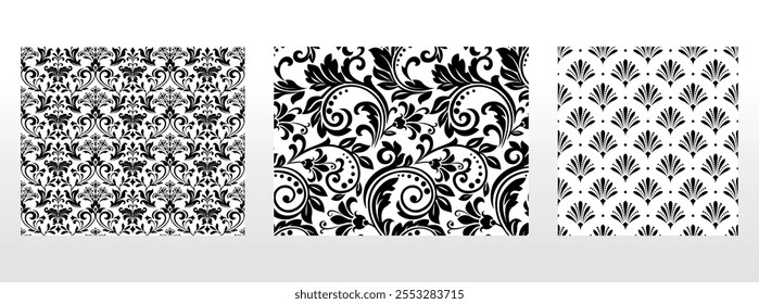 Conjunto floral geométrico de padrões sem emenda. Planos de fundo vetoriais brancos e pretos. Enfeites gráficos Damask.