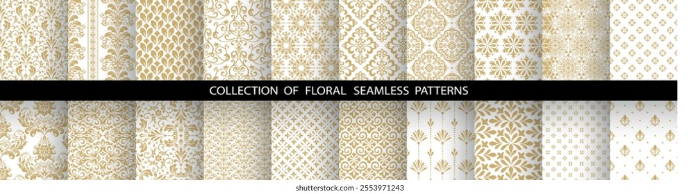 Geometric floral set of seamless patterns. White and golden vector backgrounds. Damask graphic ornaments