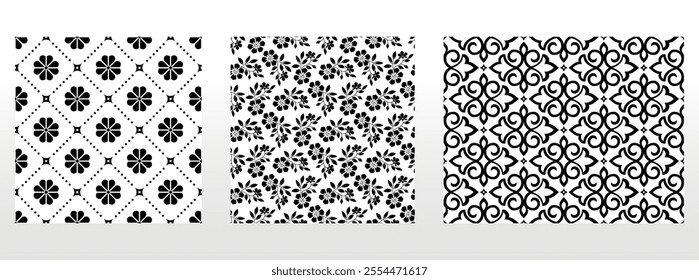 Geometric floral set of seamless patterns. White and black vector backgrounds. Damask graphic ornaments.