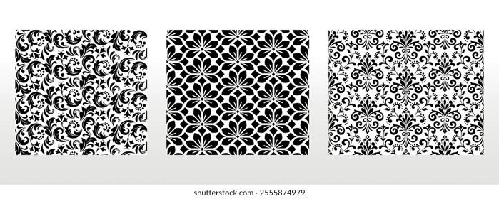 Geometric floral set of seamless patterns. White and black vector backgrounds. Damask graphic ornaments.