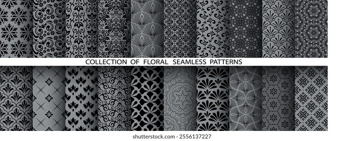 Geometric floral set of seamless patterns. Gray and black vector backgrounds. Damask graphic ornaments