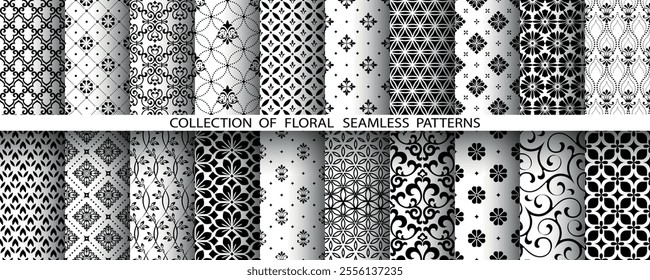Geometric floral set of seamless patterns. White and black vector backgrounds. Damask graphic ornaments.