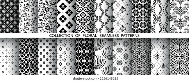 Geometric floral set of seamless patterns. White and black vector backgrounds. Damask graphic ornaments.