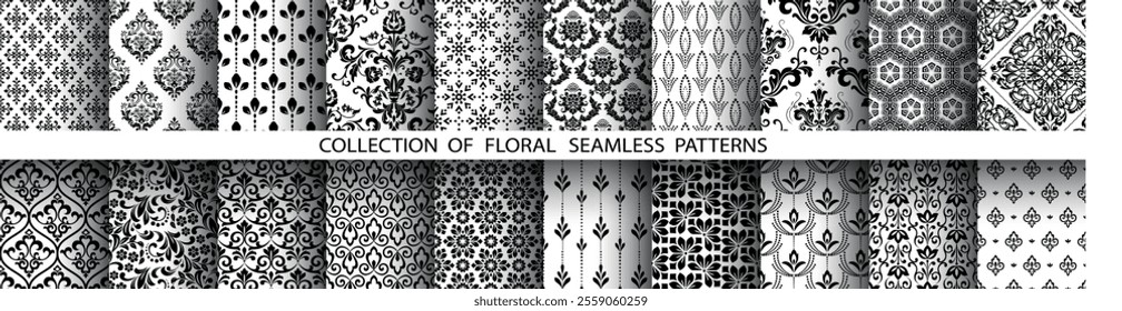 Geometric floral set of seamless patterns. White and black vector backgrounds. Damask graphic ornaments.