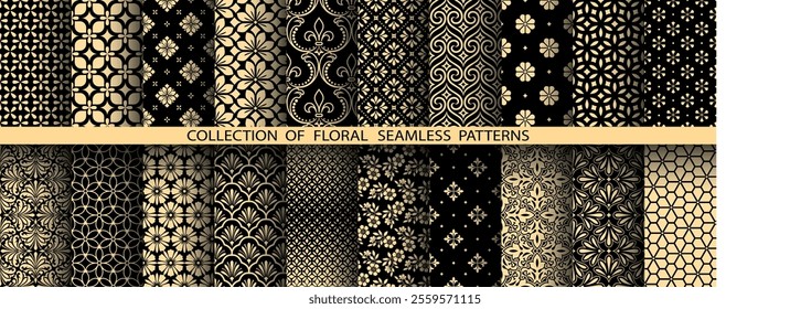 Geometric floral set of seamless patterns. Golden and black vector backgrounds. Damask graphic ornaments