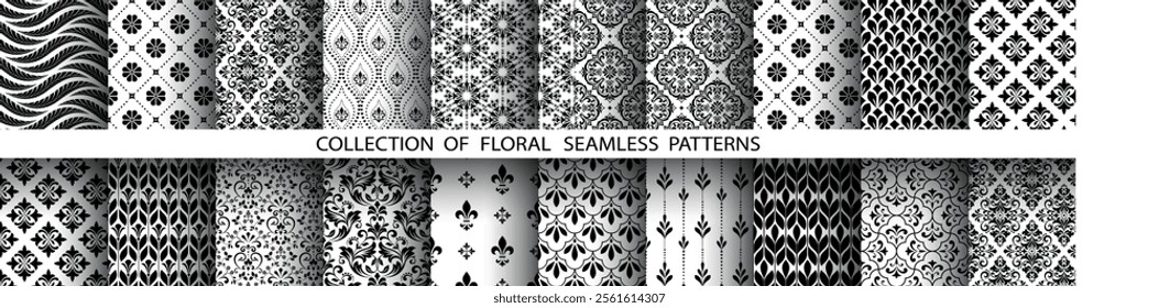 Geometric floral set of seamless patterns. White and black vector backgrounds. Damask graphic ornaments.