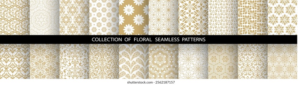 Geometric floral set of seamless patterns. White and golden vector backgrounds. Damask graphic ornaments