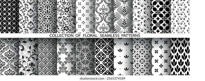 Geometric floral set of seamless patterns. White and black vector backgrounds. Damask graphic ornaments.