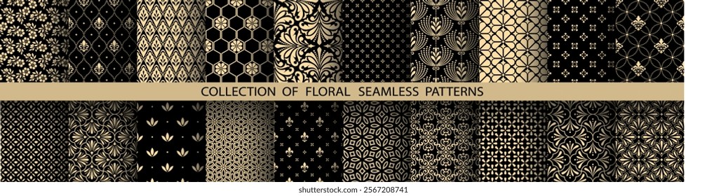 Geometric floral set of seamless patterns. Golden and black vector backgrounds. Damask graphic ornaments
