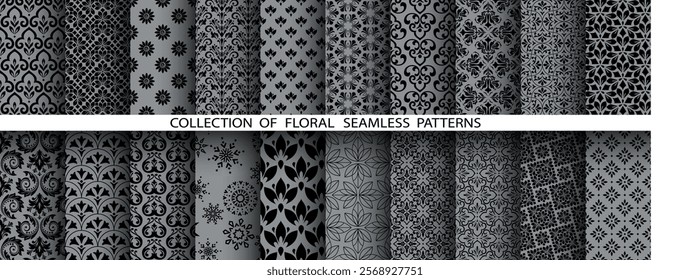 Geometric floral set of seamless patterns. Gray and black vector backgrounds. Damask graphic ornaments