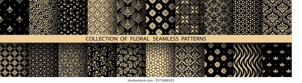 Geometric floral set of seamless patterns. Golden and black vector backgrounds. Damask graphic ornaments