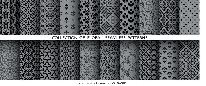 Geometric floral set of seamless patterns. Gray and black vector backgrounds. Damask graphic ornaments
