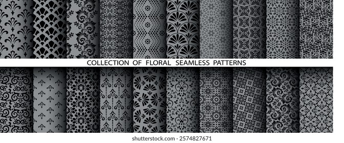Geometric floral set of seamless patterns. Gray and black vector backgrounds. Damask graphic ornaments