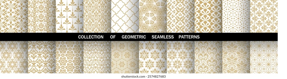 Geometric floral set of seamless patterns. White and golden vector backgrounds. Damask graphic ornaments