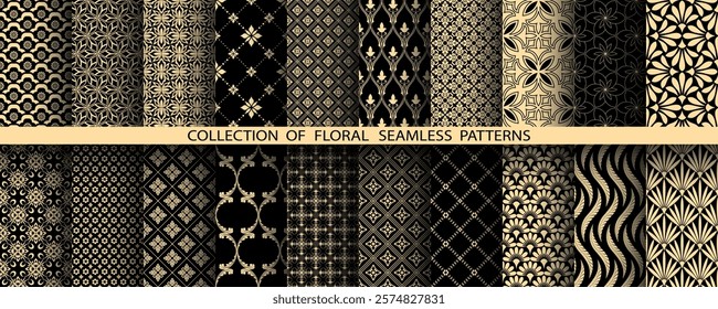 Geometric floral set of seamless patterns. Golden and black vector backgrounds. Damask graphic ornaments