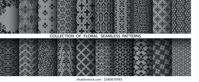 Geometric floral set of seamless patterns. Gray and black vector backgrounds. Damask graphic ornaments
