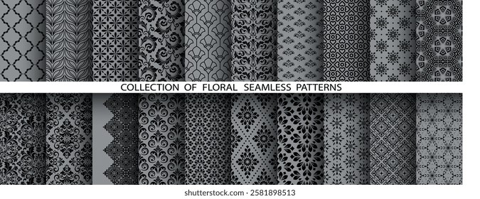 Geometric floral set of seamless patterns. Gray and black vector backgrounds. Damask graphic ornaments