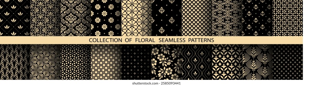 Geometric floral set of seamless patterns. Golden and black vector backgrounds. Damask graphic ornaments