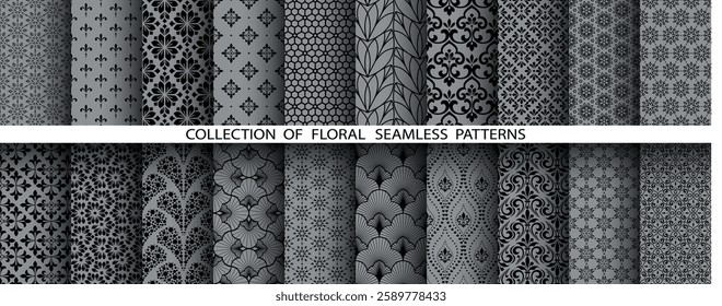 Geometric floral set of seamless patterns. Gray and black vector backgrounds. Damask graphic ornaments