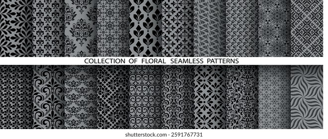 Geometric floral set of seamless patterns. Gray and black vector backgrounds. Damask graphic ornaments