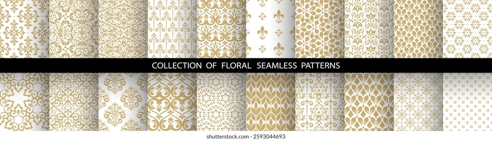 Geometric floral set of seamless patterns. White and golden vector backgrounds. Damask graphic ornaments