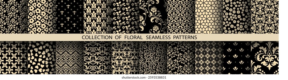 Geometric floral set of seamless patterns. Golden and black vector backgrounds. Damask graphic ornaments