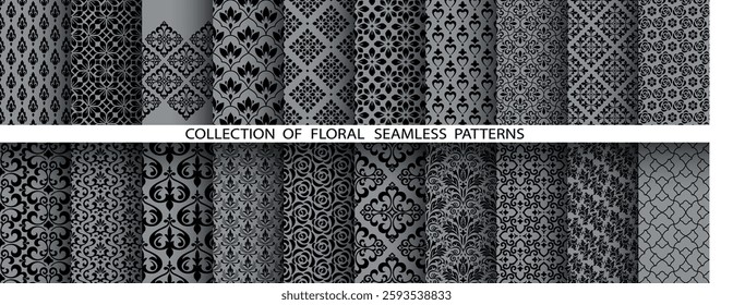 Geometric floral set of seamless patterns. Gray and black vector backgrounds. Damask graphic ornaments