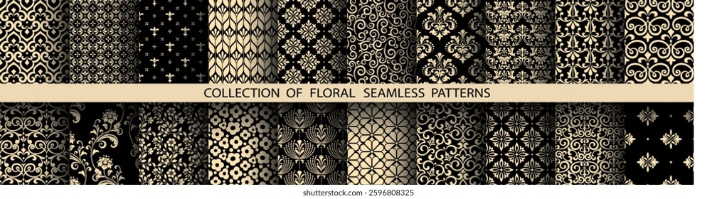 Geometric floral set of seamless patterns. Golden and black vector backgrounds. Damask graphic ornaments