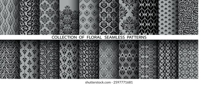 Geometric floral set of seamless patterns. Gray and black vector backgrounds. Damask graphic ornaments
