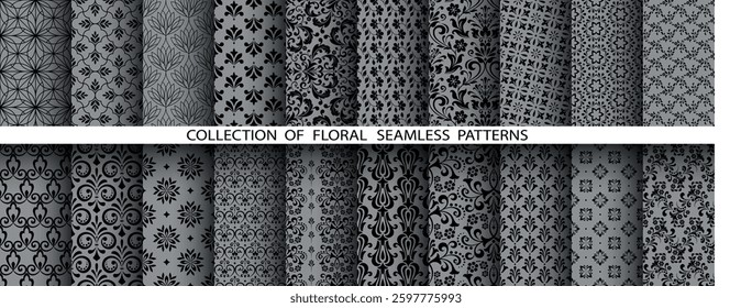 Geometric floral set of seamless patterns. Gray and black vector backgrounds. Damask graphic ornaments