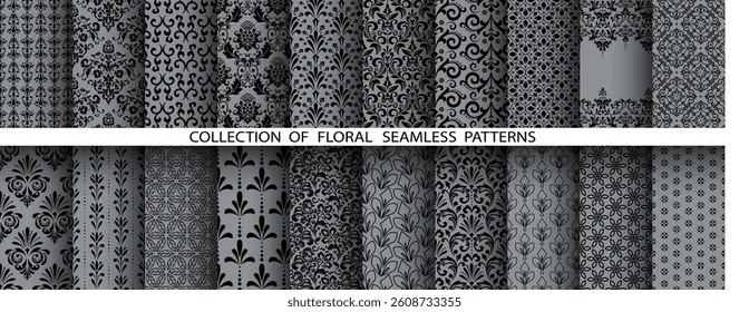 Geometric floral set of seamless patterns. Gray and black vector backgrounds. Damask graphic ornaments