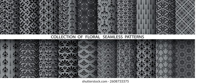 Geometric floral set of seamless patterns. Gray and black vector backgrounds. Damask graphic ornaments