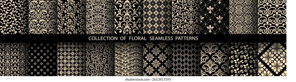 Geometric floral set of seamless patterns. Golden and black vector backgrounds. Damask graphic ornaments