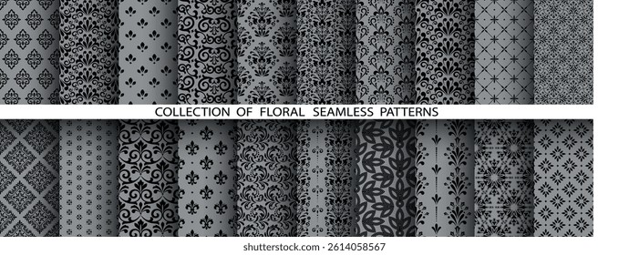 Geometric floral set of seamless patterns. Gray and black vector backgrounds. Damask graphic ornaments