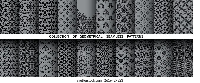 Geometric floral set of seamless patterns. Gray and black vector backgrounds. Damask graphic ornaments