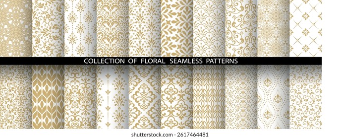 Geometric floral set of seamless patterns. White and golden vector backgrounds. Damask graphic ornaments