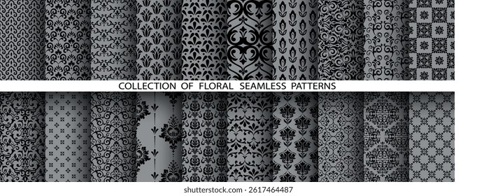 Geometric floral set of seamless patterns. Gray and black vector backgrounds. Damask graphic ornaments