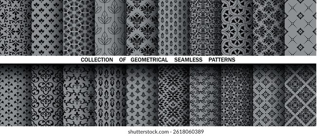 Geometric floral set of seamless patterns. Gray and black vector backgrounds. Damask graphic ornaments