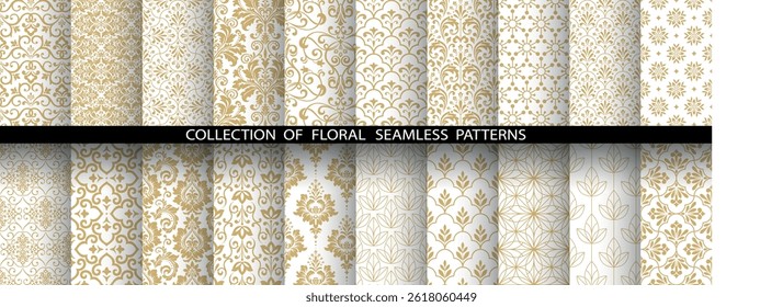 Geometric floral set of seamless patterns. White and golden vector backgrounds. Damask graphic ornaments