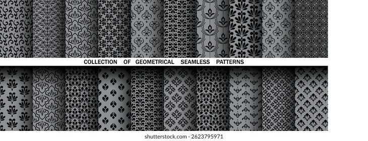 Geometric floral set of seamless patterns. Gray and black vector backgrounds. Damask graphic ornaments
