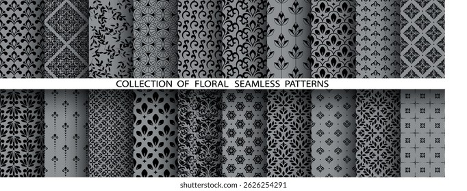 Conjunto floral geométrico de padrões sem emenda. Planos de fundo vetoriais cinza e preto. Ornamentos gráficos Damask