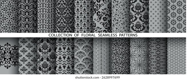 Conjunto floral geométrico de padrões sem emenda. Planos de fundo vetoriais cinza e preto. Ornamentos gráficos Damask