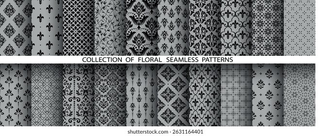 Geometric floral set of seamless patterns. Gray and black vector backgrounds. Damask graphic ornaments