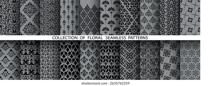 Conjunto floral geométrico de padrões sem emenda. Planos de fundo vetoriais cinza e preto. Ornamentos gráficos Damask