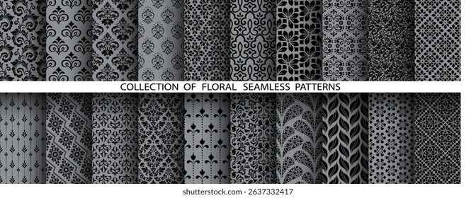 Geometric floral set of seamless patterns. Gray and black vector backgrounds. Damask graphic ornaments