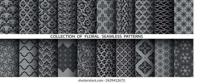 Geometric floral set of seamless patterns. Gray and black vector backgrounds. Damask graphic ornaments